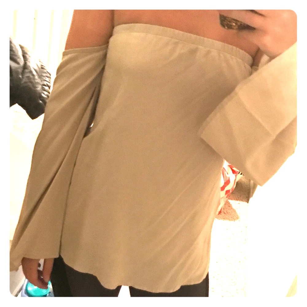 Nude, bell sleeves off the shoulder