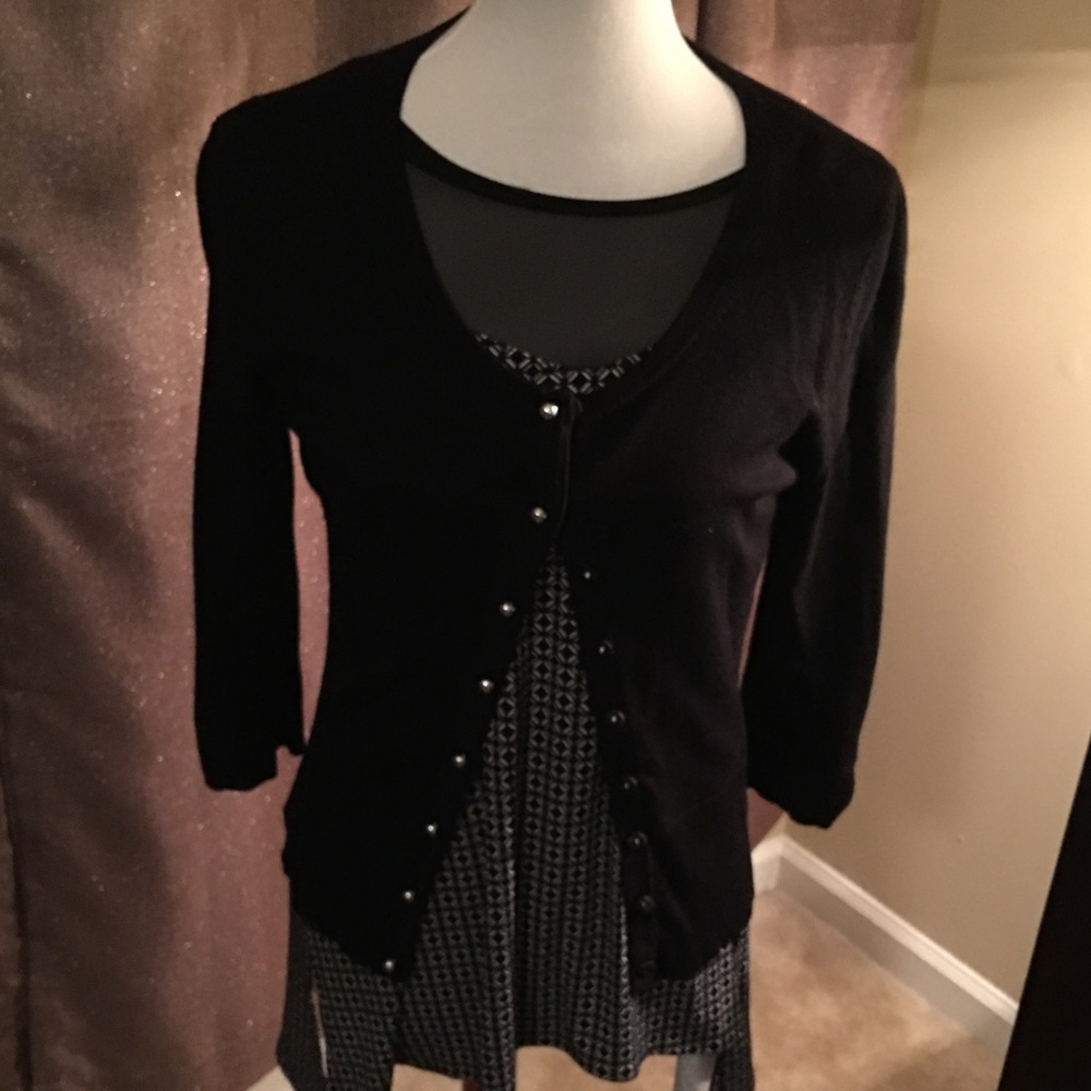 Black cardigan, 3/4 length sleeves, silver buttons