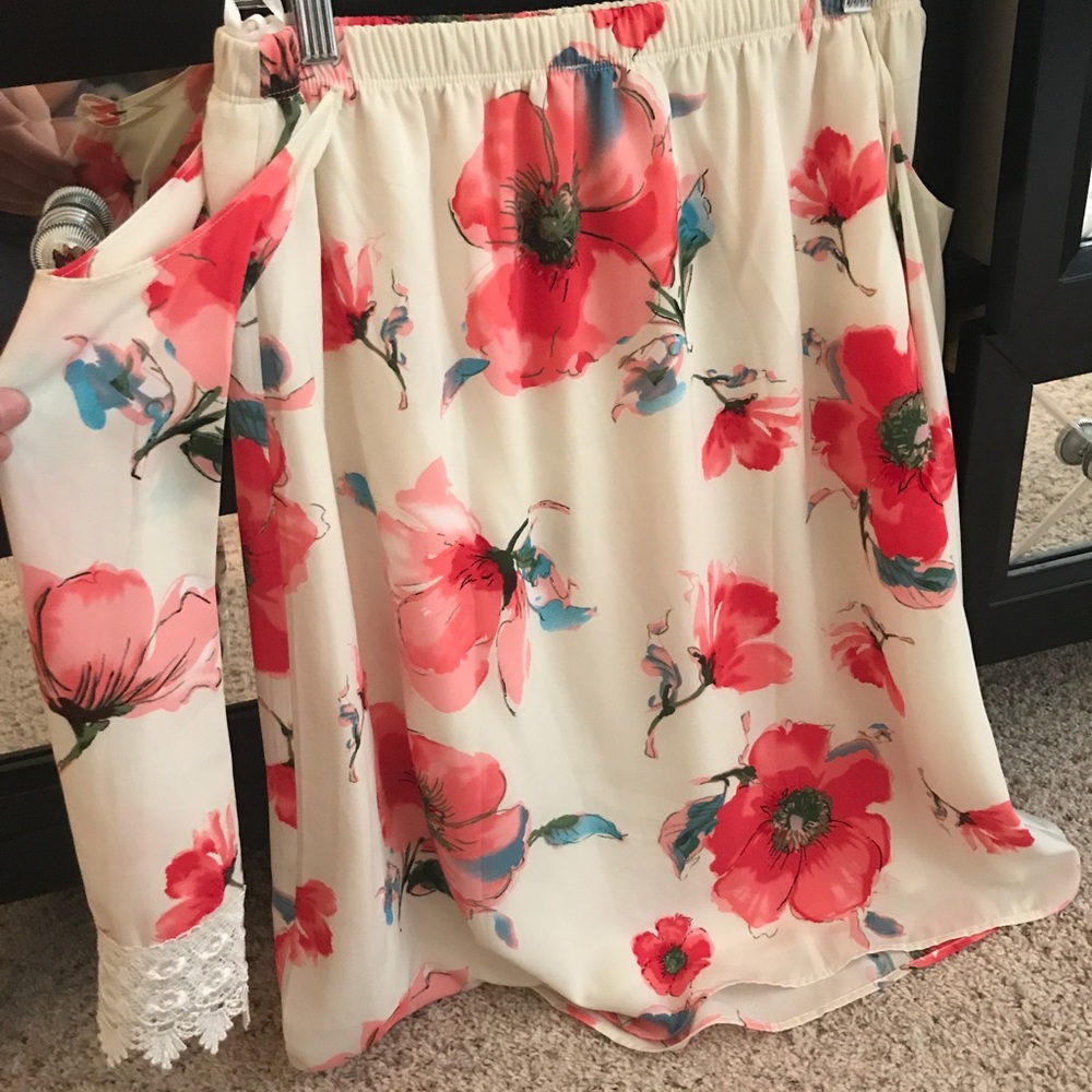 White and pink floral off the shoulder dress.