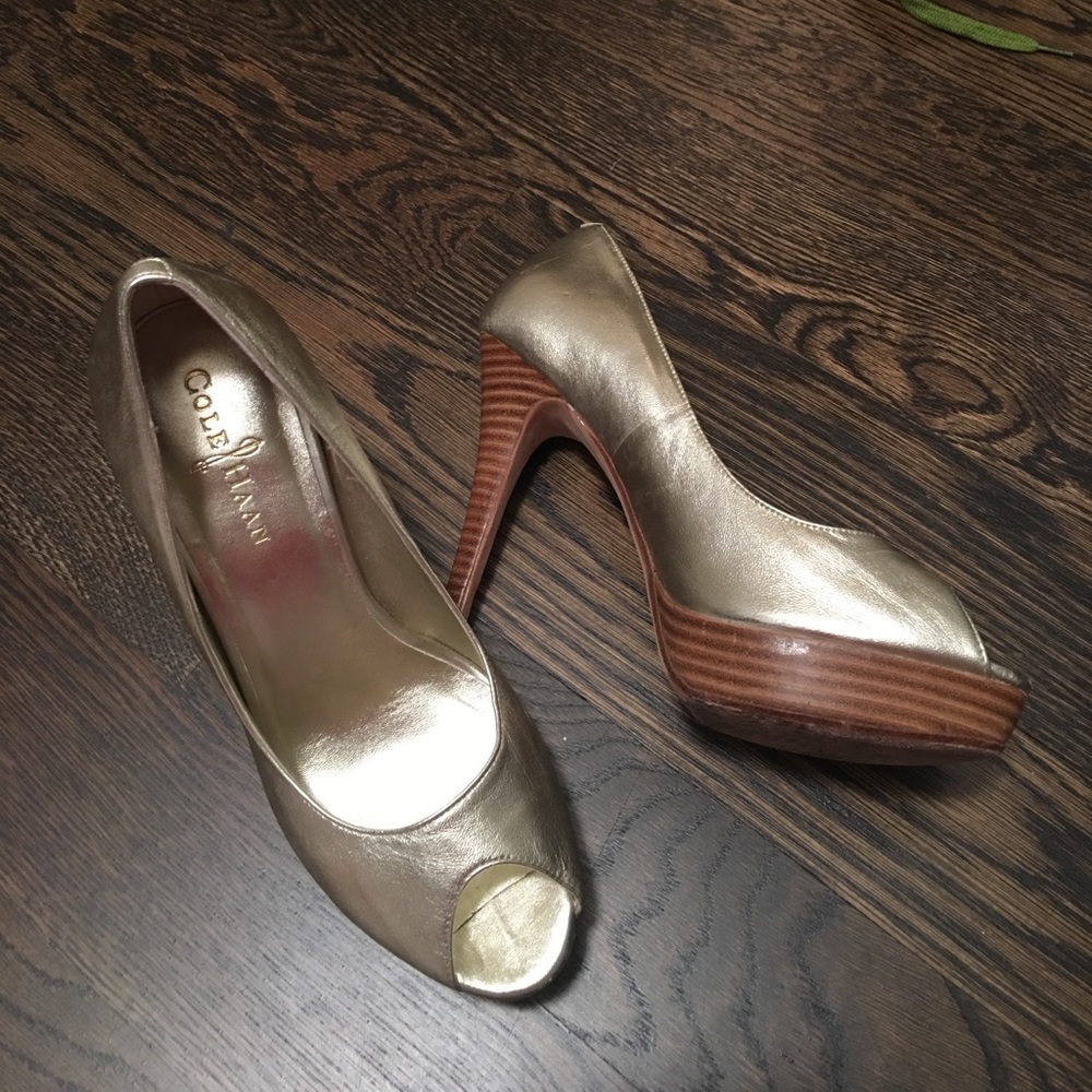 Cole Haan Gold Peep Toe Platform Pumps