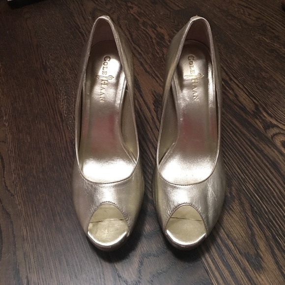 Cole Haan Gold Peep Toe Platform Pumps - Picture 2 of 5