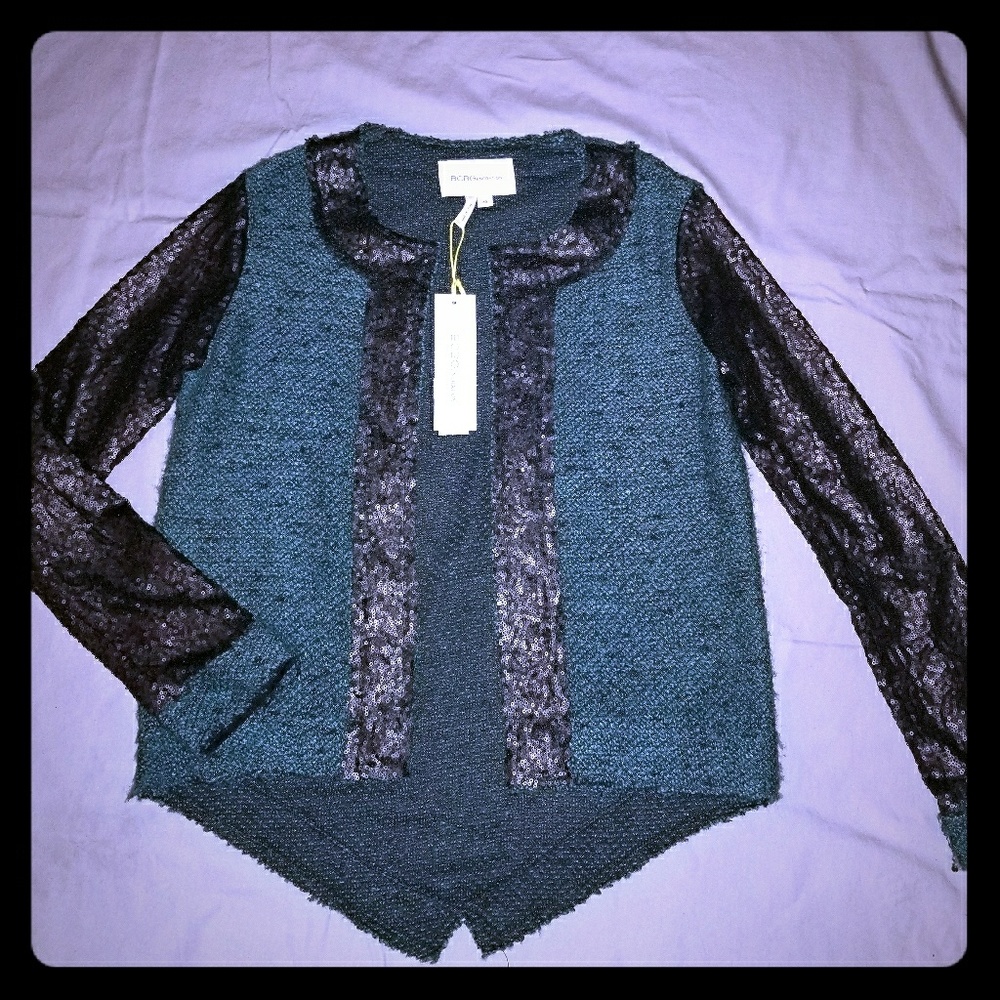 Green knit sweater jacket w/ black sequin sleeves