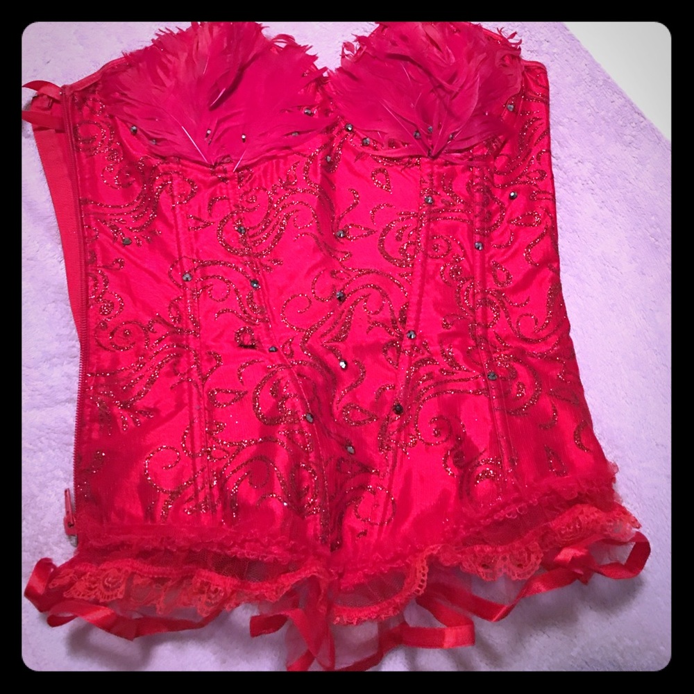 Red sparkly feather lace up corset size large