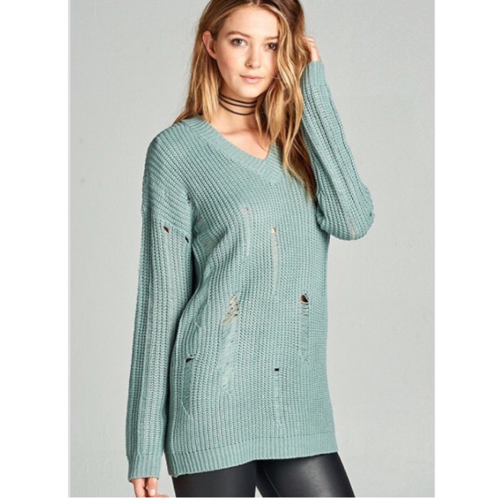 Distressed Oversized Sweater in Sage - Picture 3 of 5