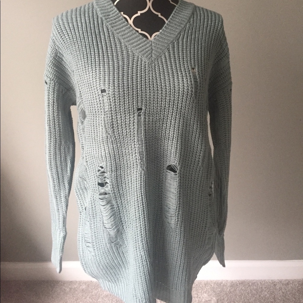 Distressed Oversized Sweater in Sage - Picture 4 of 5
