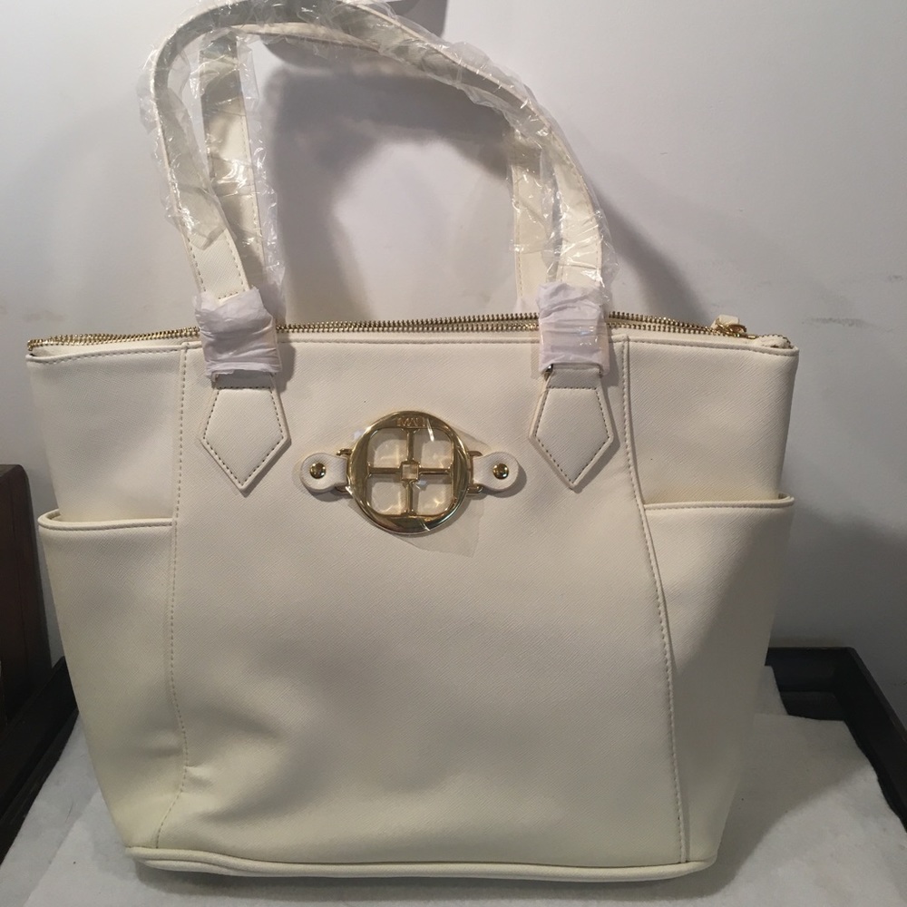 NWT IMAN  off White & Gold Zip up Tote Bag