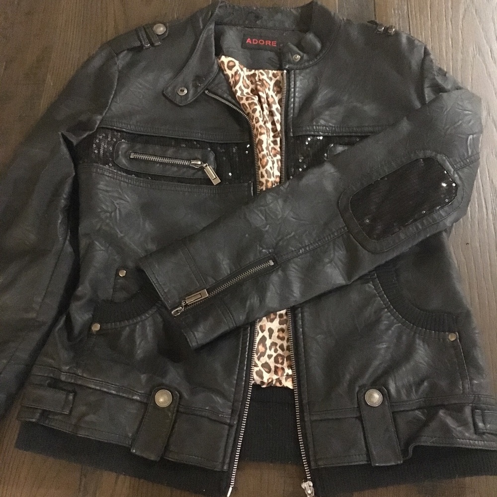 Black Leather Jacket w/ Sequins