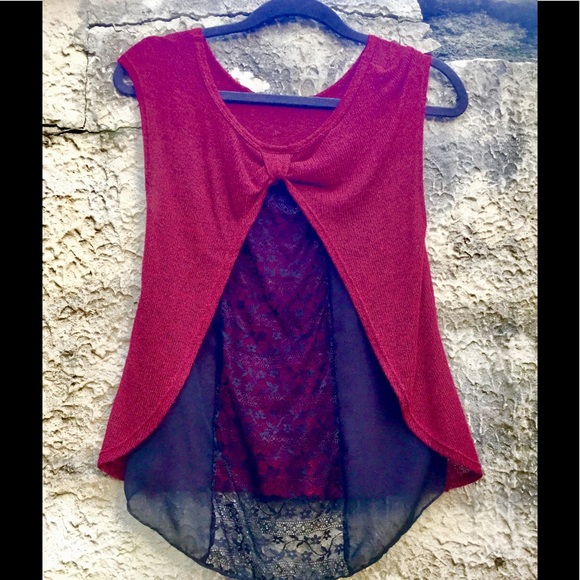 Top Dark Red Black Lace Tank Top - Picture 2 of 4