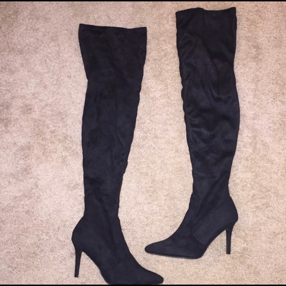 Black faux suede thigh high heel boots