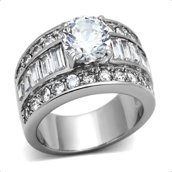 STAINLESS STEEL Round Brilliant Cut With Baguettes CZ Band Ring-Sizes 5-10 - Picture 11 of 14