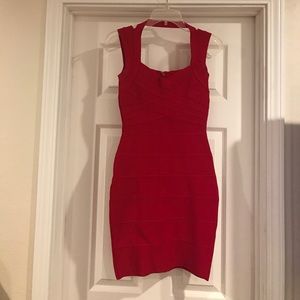 Red CrissCross Bust Knee Length Bandage Dress