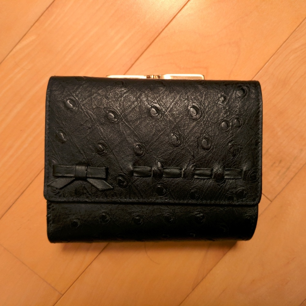 NWOT Black Ostrich Leather Wallet with Bow Detail