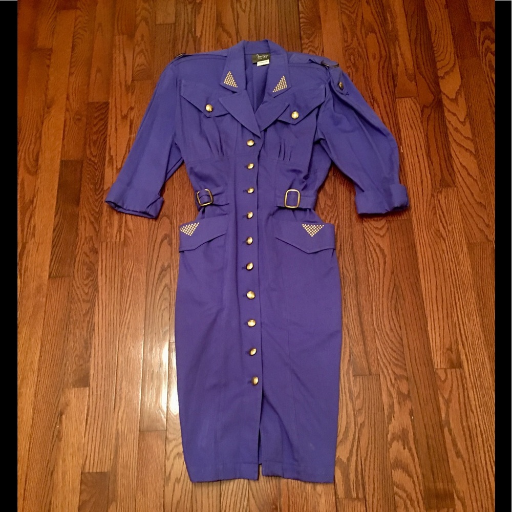 Military style purple dress with gold buttons