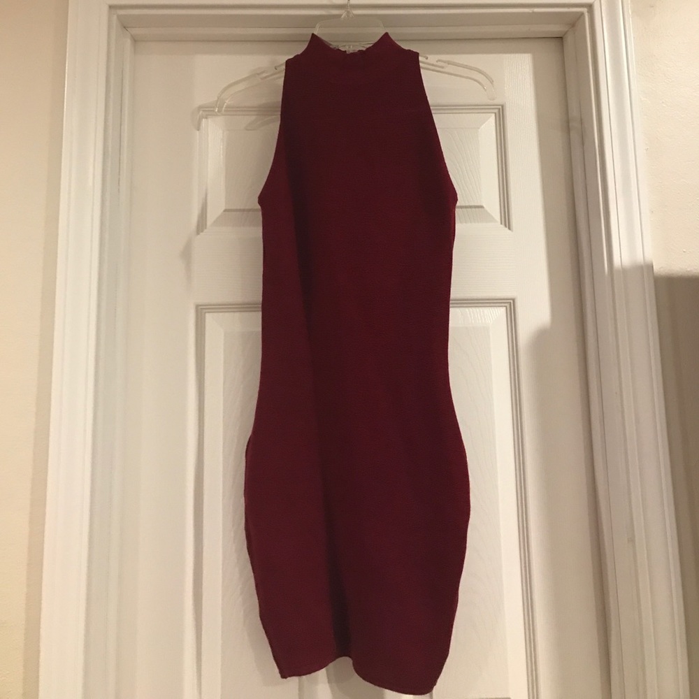 Burgundy Knit Ribbed Mock Neck Dress