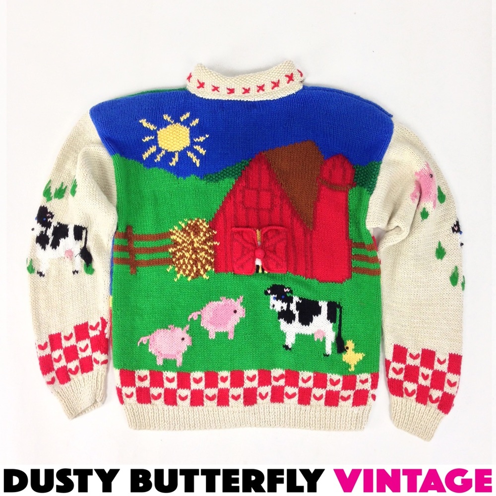 [SOLD]VTG 80s UGLY FARM SWEATER Shoulder Pads CARD
