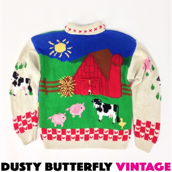 [SOLD]VTG 80s UGLY FARM SWEATER Shoulder Pads CARD - Picture 1 of 7