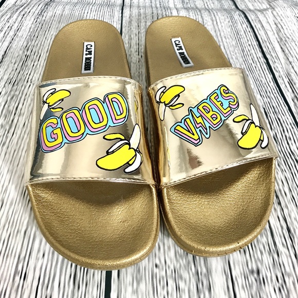 CAPE ROBBIN - Gold "Good Vibes" Pool Slides - Picture 1 of 8