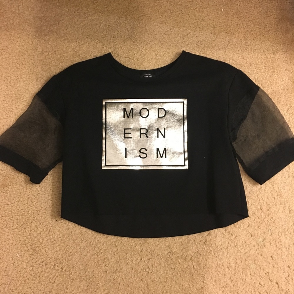 Black crop top with sheer sleeves