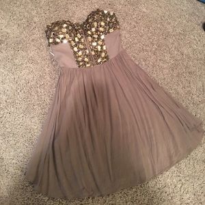 Ladakh: Strapless Taupe Beaded Bodice Dress