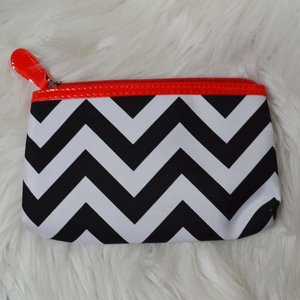 Black + White Chevron Makeup Bag / Pouch w Red