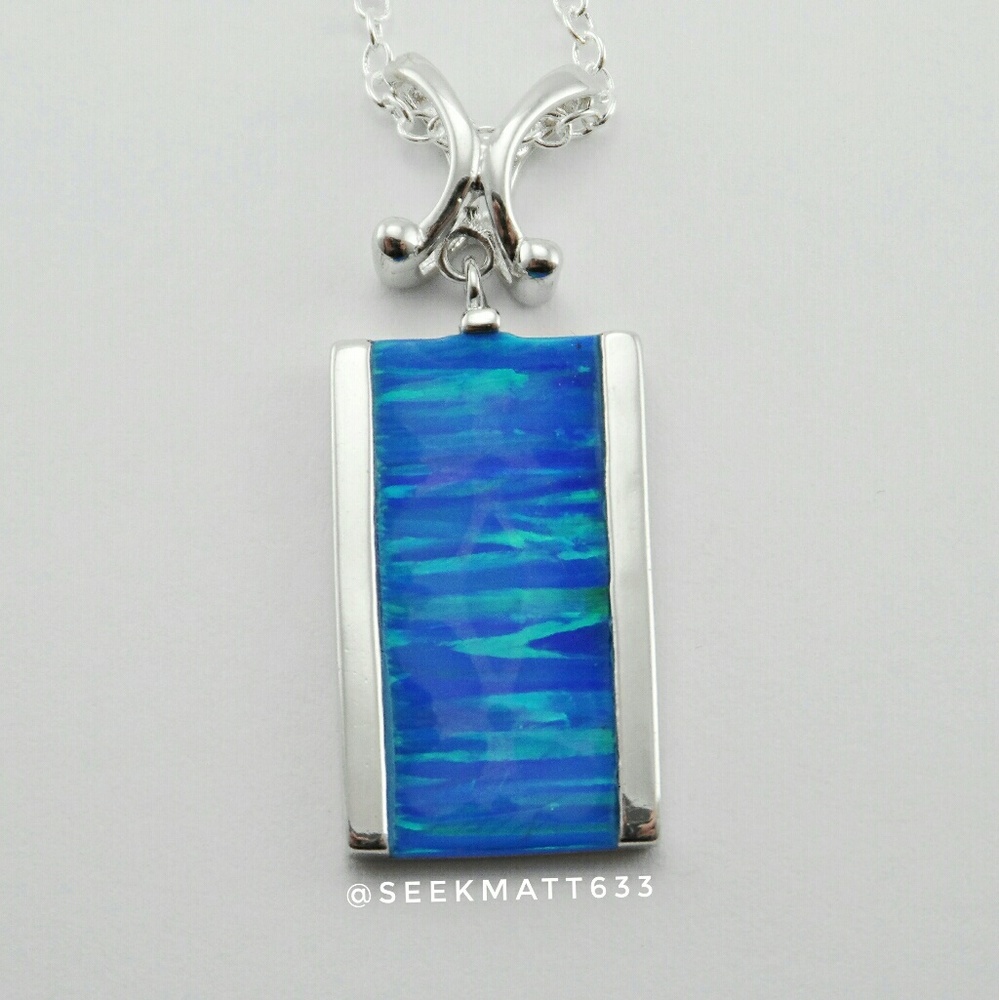 Huge Blue Green Created Opal 925 Long Necklace