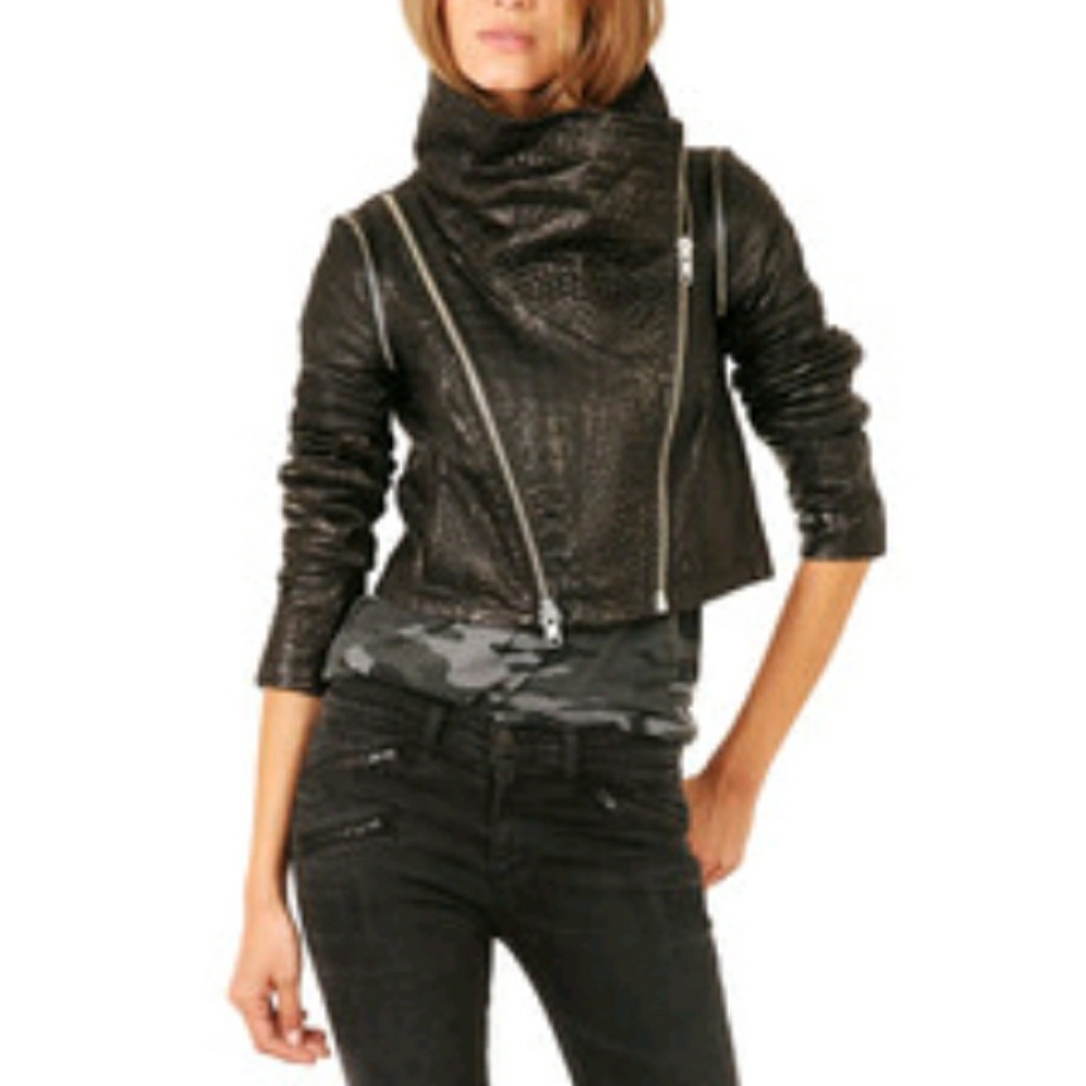 Yigal Azrouzel Black Croc Leather Moto Vest Jacket