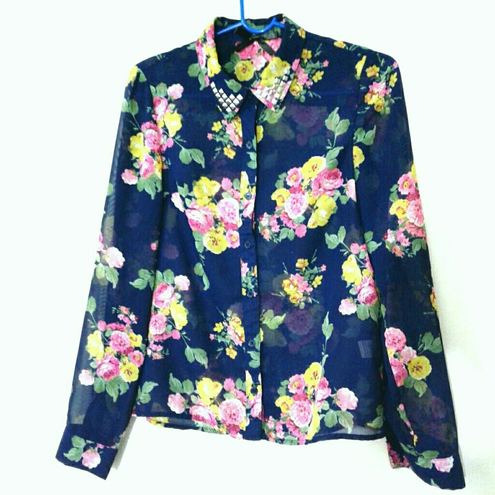 Navy Blue Floral Button Down Shirt Blouse Top