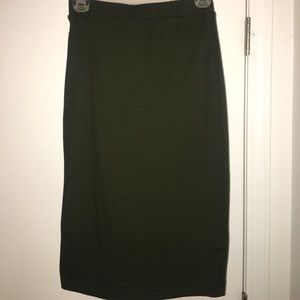 Olive green. Knee length, ribbed skirt.