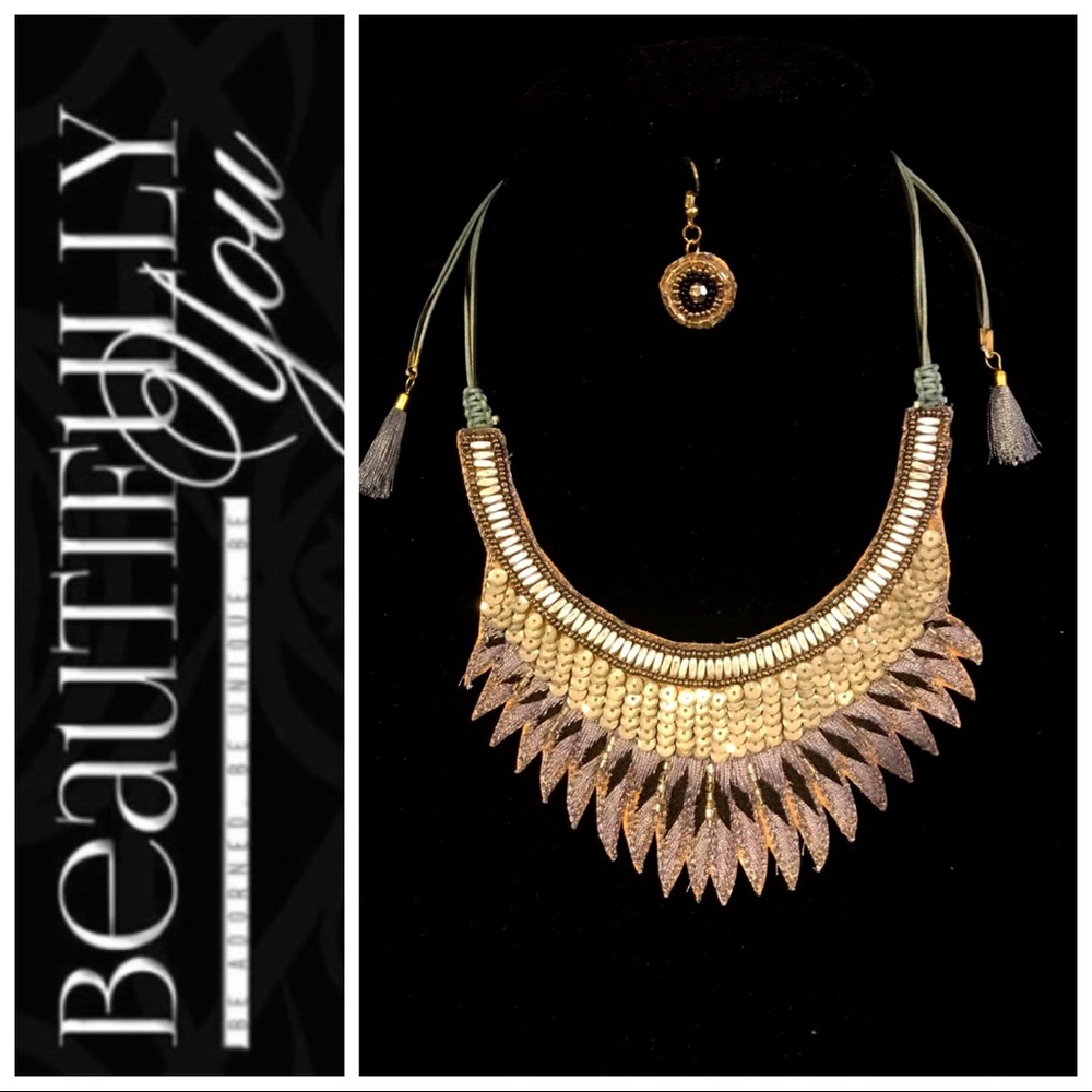 Boho Sequin Trim Embroidery Velvet Back Necklace