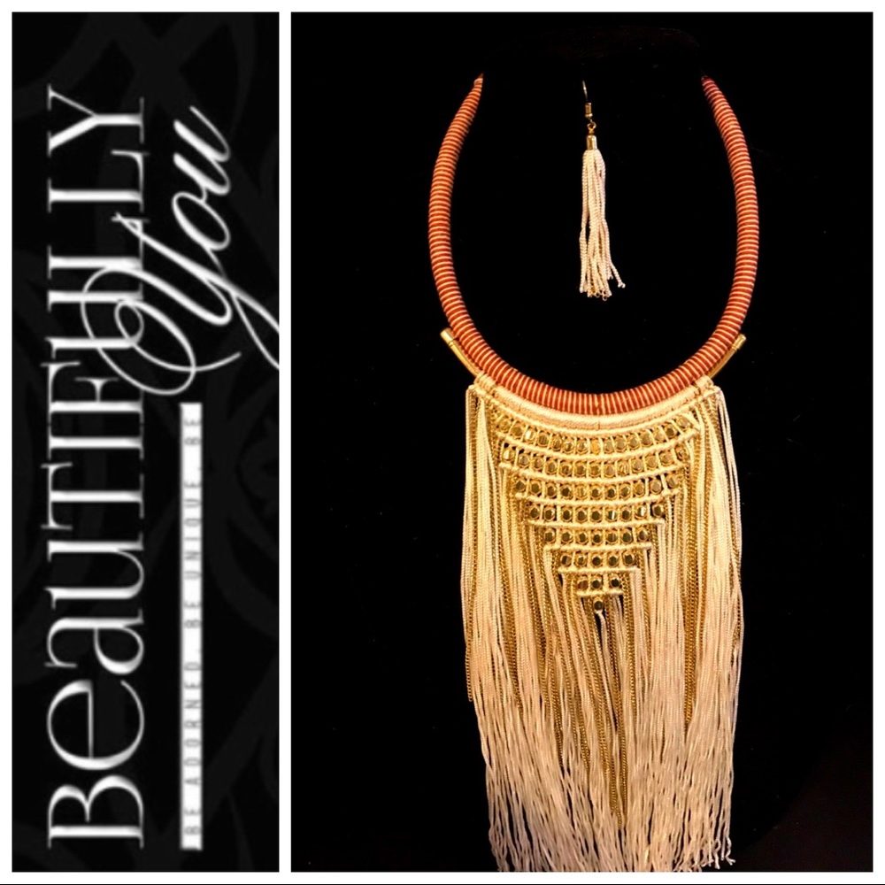 Metal Cube Long Fringe Bib Necklace Set