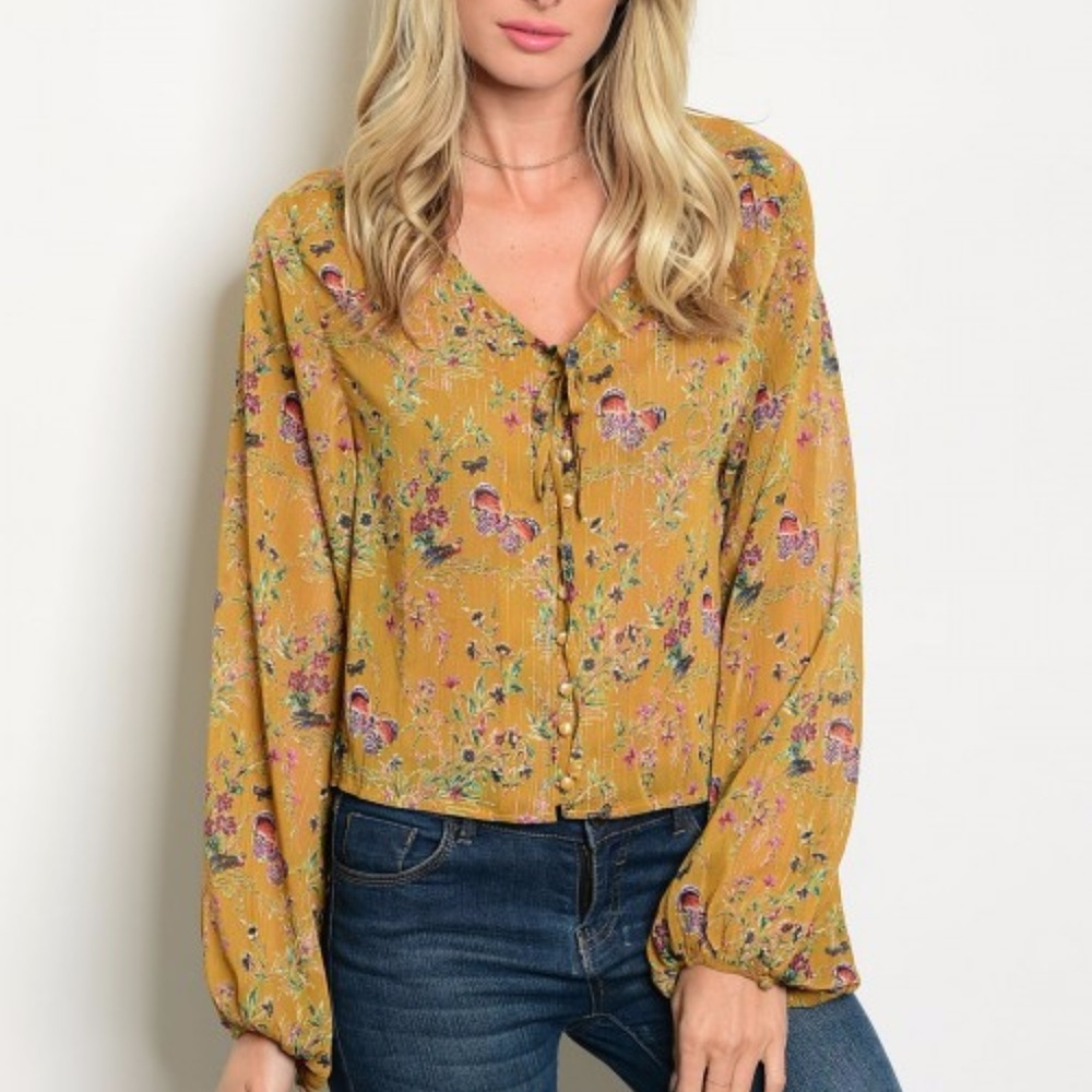 Gorgeous Long Sleeve Mustard Chiffon Top