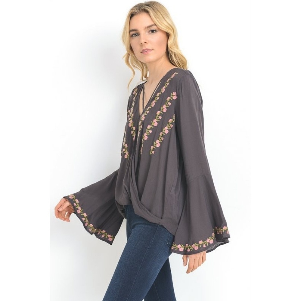 Embroidered Plunge Neck Wrap Blouse Bell Sleeves - Picture 3 of 8