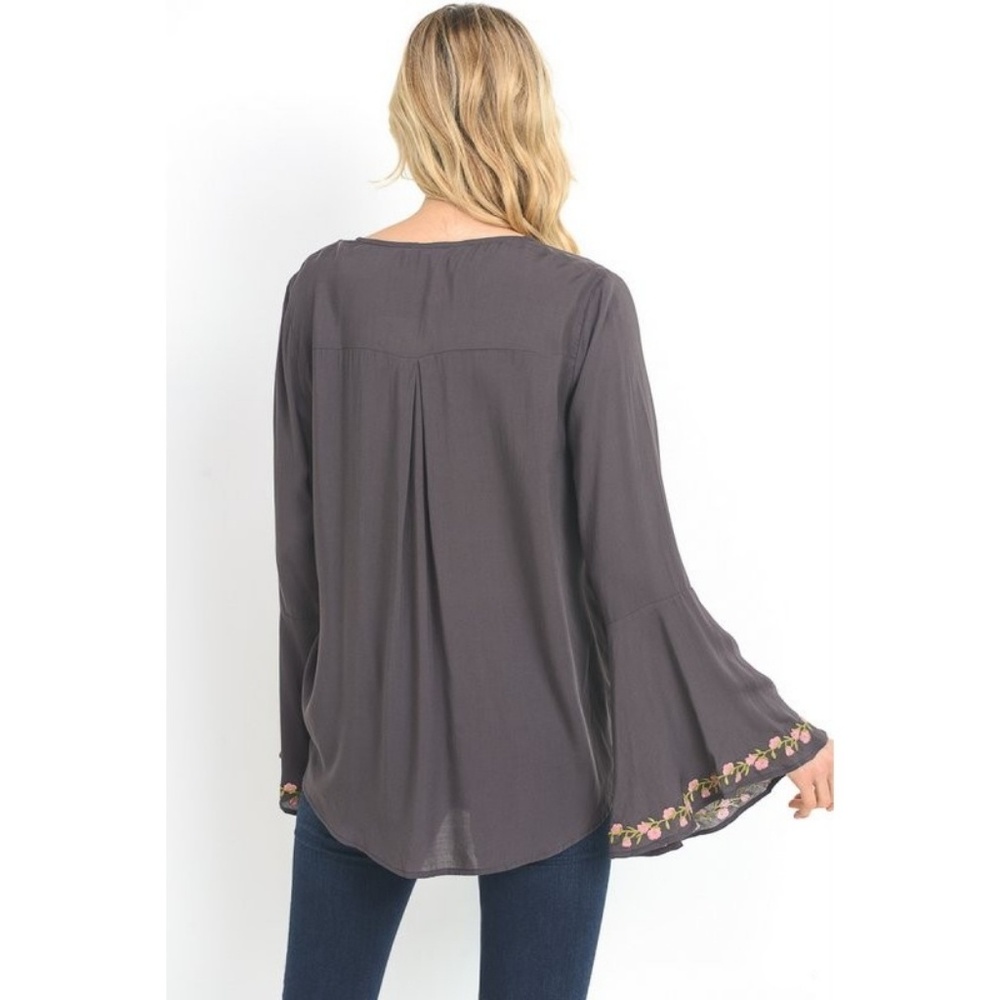 Embroidered Plunge Neck Wrap Blouse Bell Sleeves - Picture 4 of 8