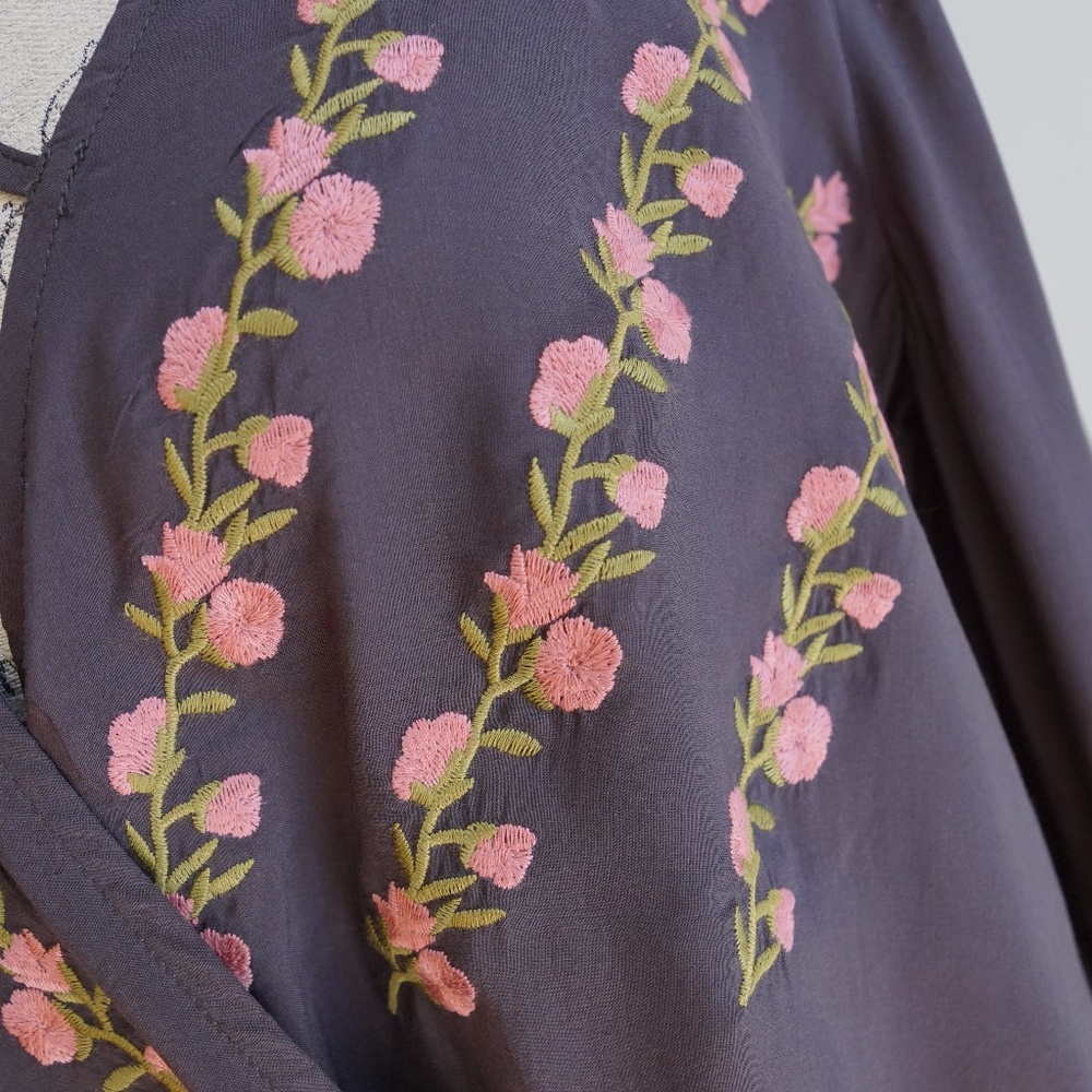 Embroidered Plunge Neck Wrap Blouse Bell Sleeves - Picture 7 of 8