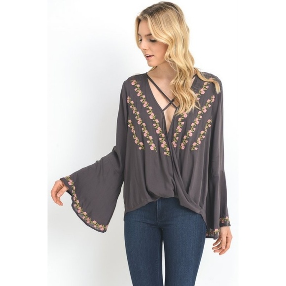 Embroidered Plunge Neck Wrap Blouse Bell Sleeves - Picture 2 of 8