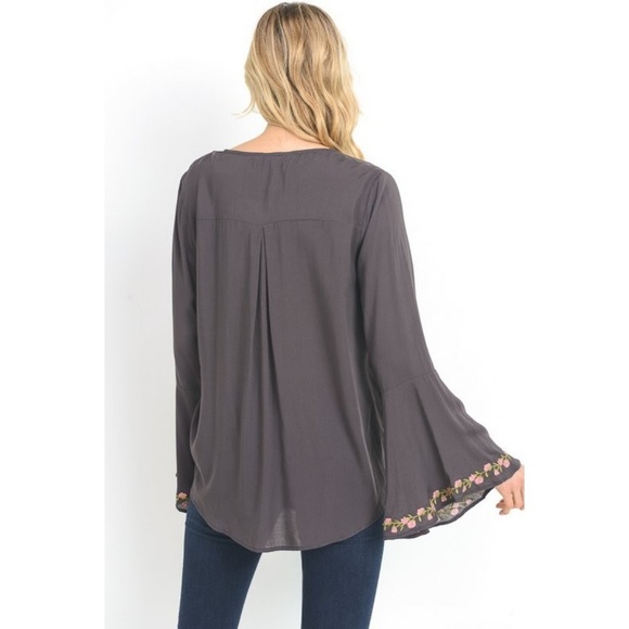 Embroidered Plunge Neck Wrap Blouse Bell Sleeves - Picture 4 of 8