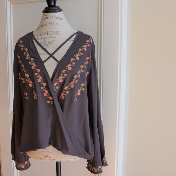 Embroidered Plunge Neck Wrap Blouse Bell Sleeves - Picture 5 of 8