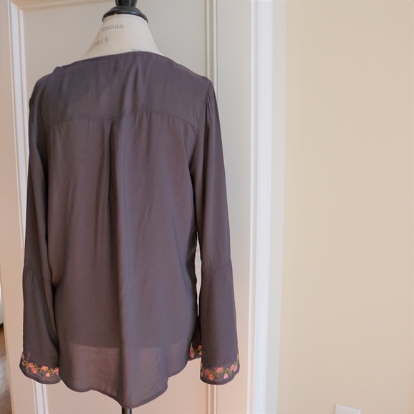 Embroidered Plunge Neck Wrap Blouse Bell Sleeves - Picture 6 of 8