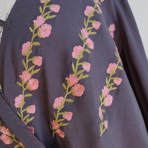 Embroidered Plunge Neck Wrap Blouse Bell Sleeves - Picture 7 of 8