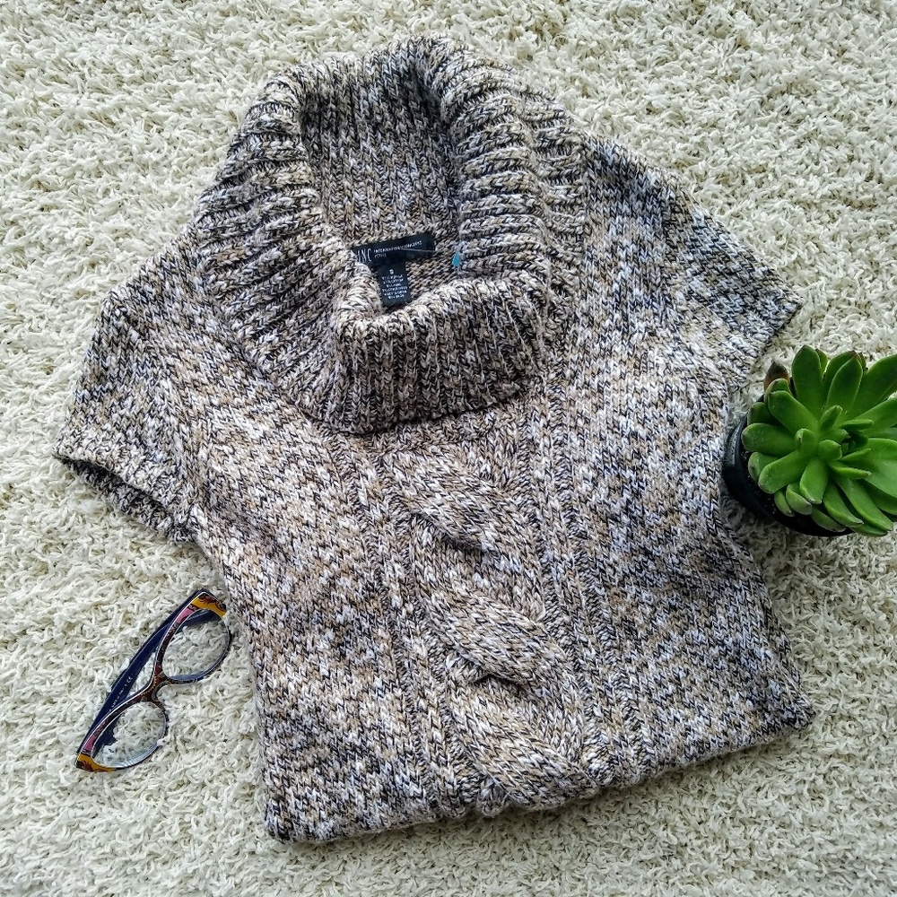 INC Short Sleeve Brown Cowl Neck Sweater