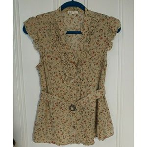 Belted Floral Cap-Sleeved Blouse
