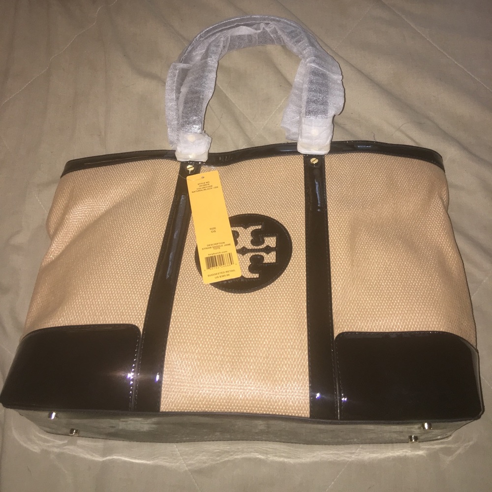 Tory Burch Straw Saddle Jane Tote, Natural/ Black