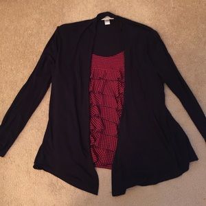 August Silk red and navy ruffle shirt with sweater