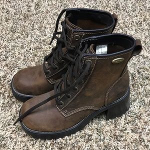 Women's size 6 heeled combat boots - brown leather