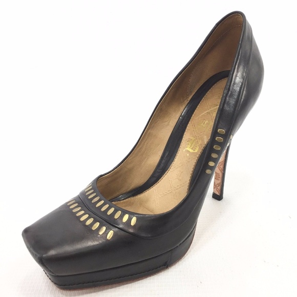 L.A.M.B. Shoes - LAMB Black Leather Studded Square Toe Stilettos