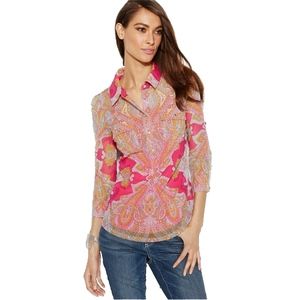 INC Printed Rhinestone Button Paisley Crest Top