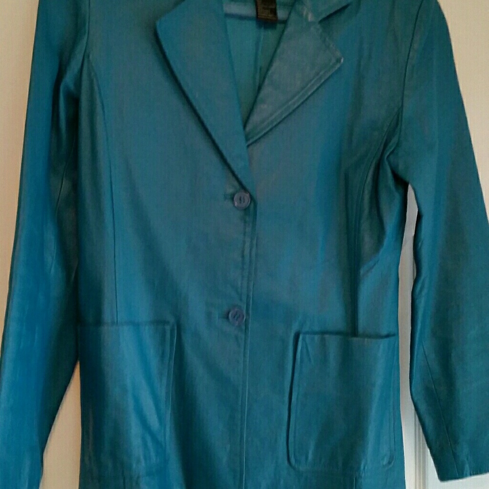 Turquoise genuine leather blazer jacket