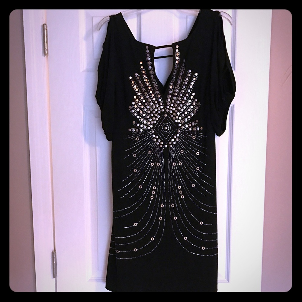 Bisou Bisou studded mini dress open cut shoulder