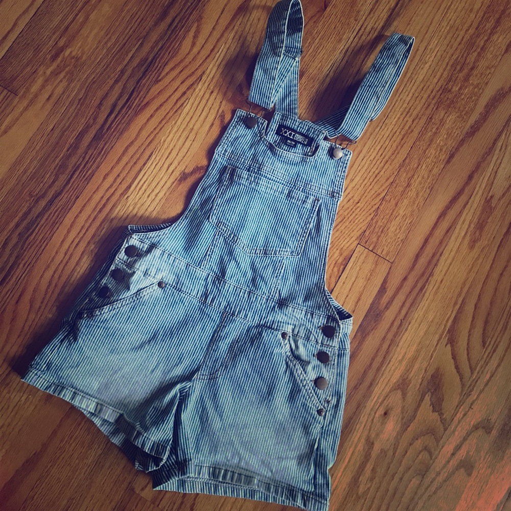 Denim pin stripe overall shorts