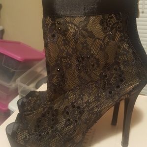 Black lace open toe ankle boots